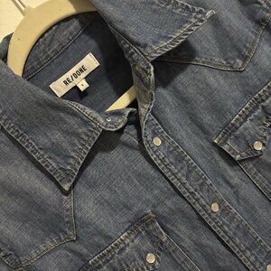 Re/Done Denim Pearl Snap Front Blouse Size Small Long Sleeve Western Cowgirl